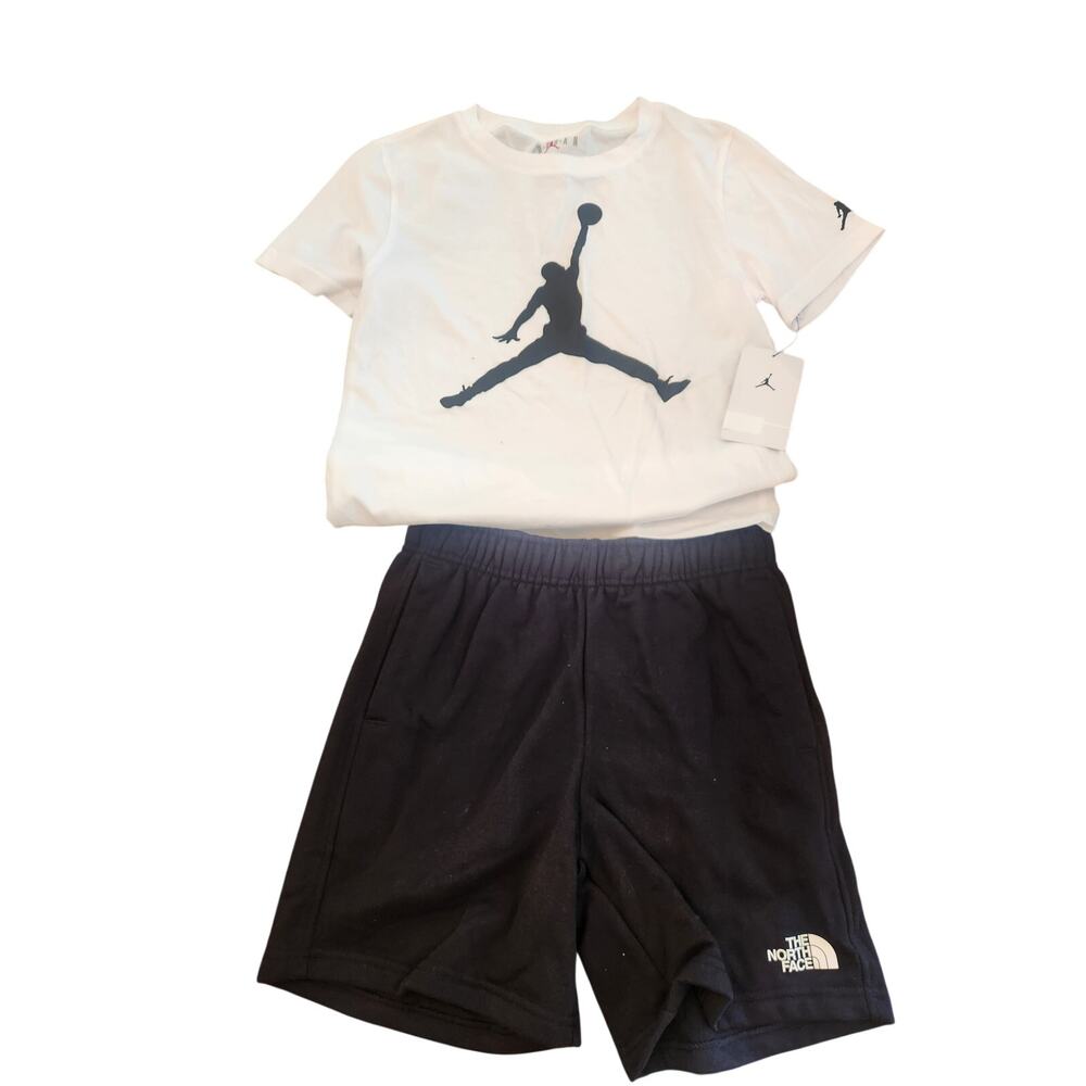 NWT Boy's Shirt Sweatshorts Bundle Jordan North Face White/Black M
